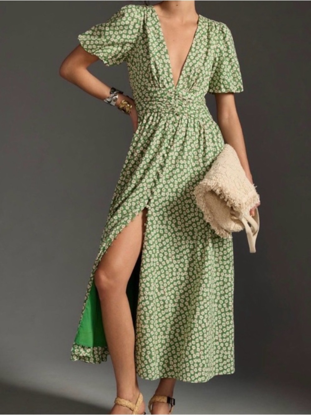 Anthropologie Green Floral V-Neck Maxi with Front Slit 100% cotton.